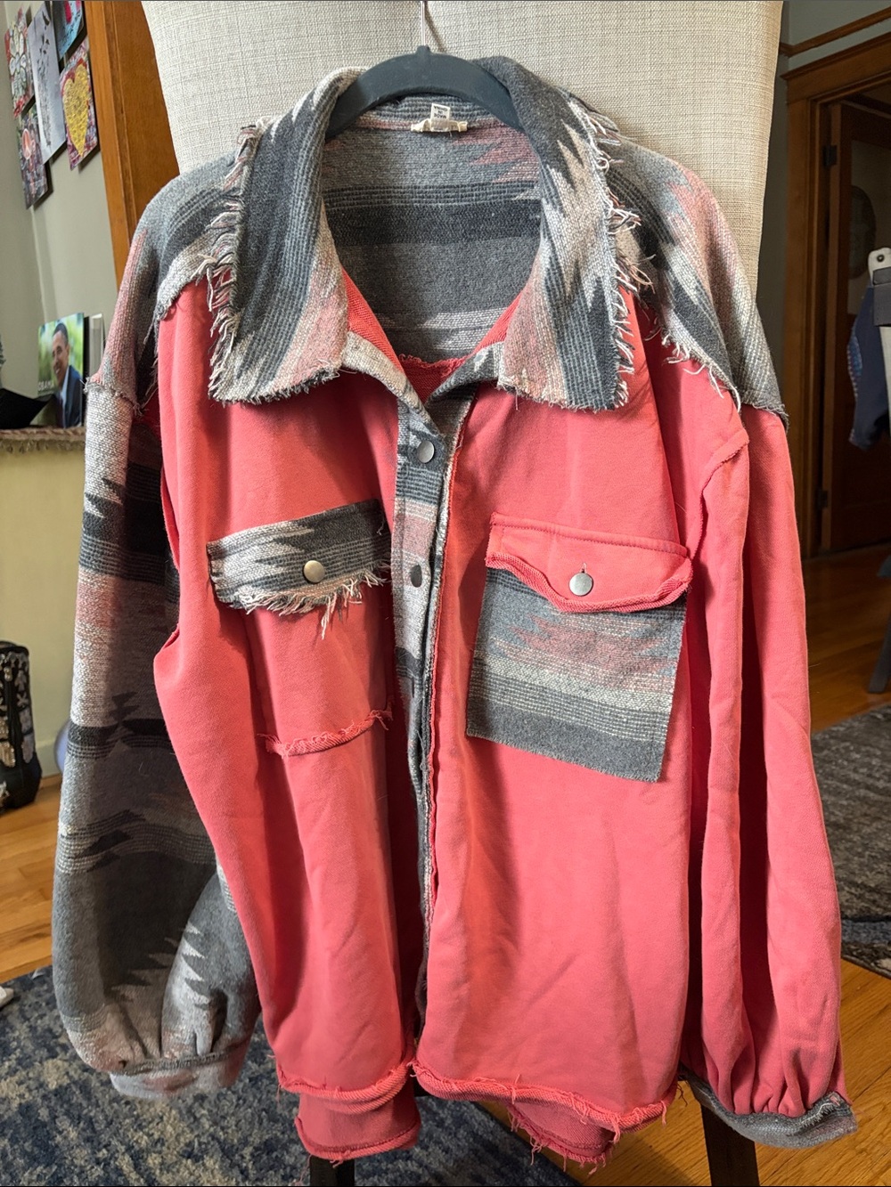 POL Coral and Gray Patchwork Shacket.